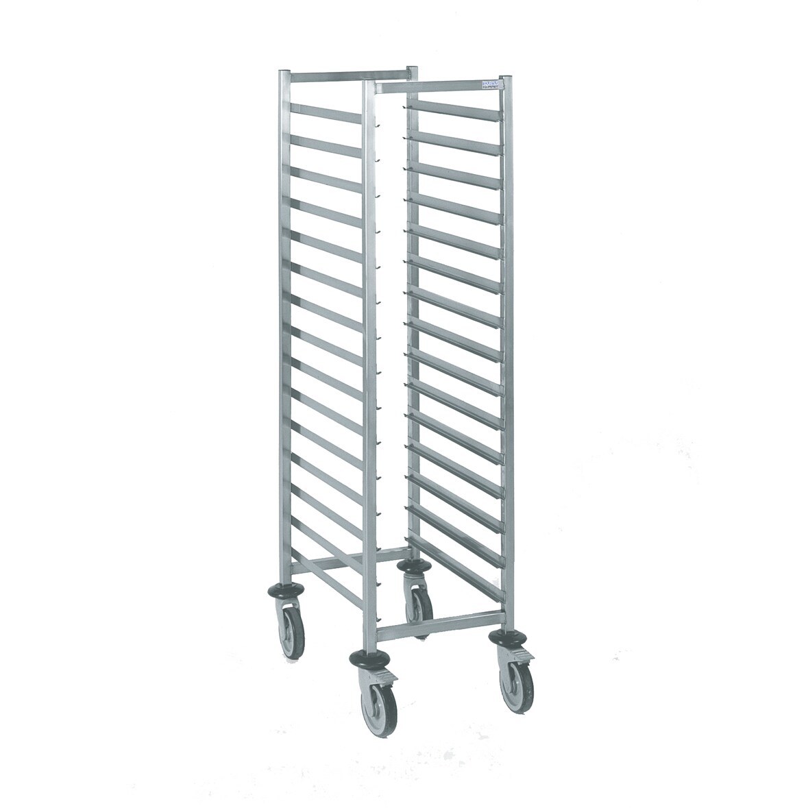 Tournus-legbordwagen GN 1/1 met 15 niveaus  Totale afm.:655x455x1490mm  4 zwenkwielen uit polyamide (roestvrij) met diam. 125mm, 2 met blokkeerrem