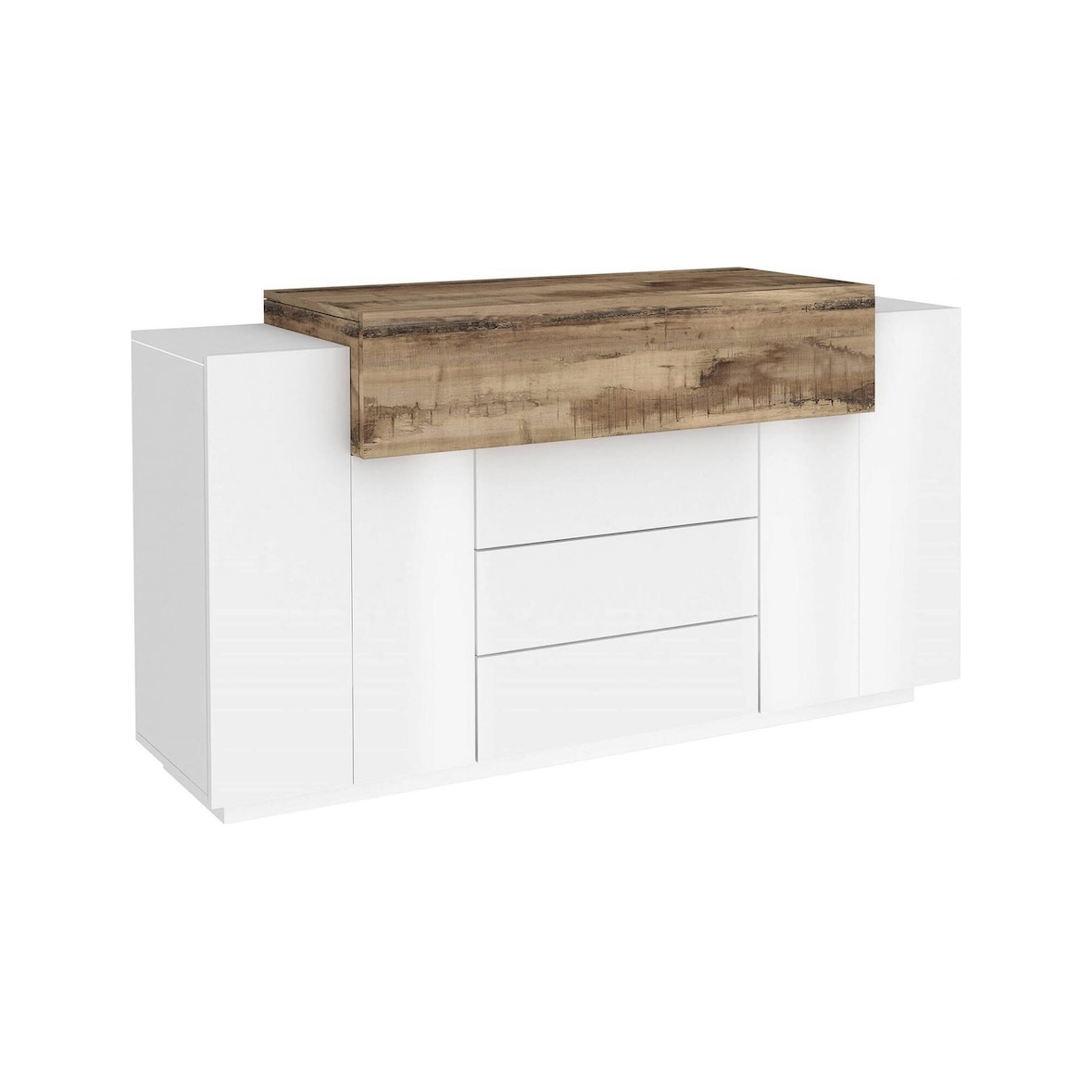 Dmora Credenza Milo, Madia da cucina a 3 ante e 3 cassetti, Buffet da soggiorno, 100% Made in Italy, cm 160x45h86, Bianco lucido e Acero