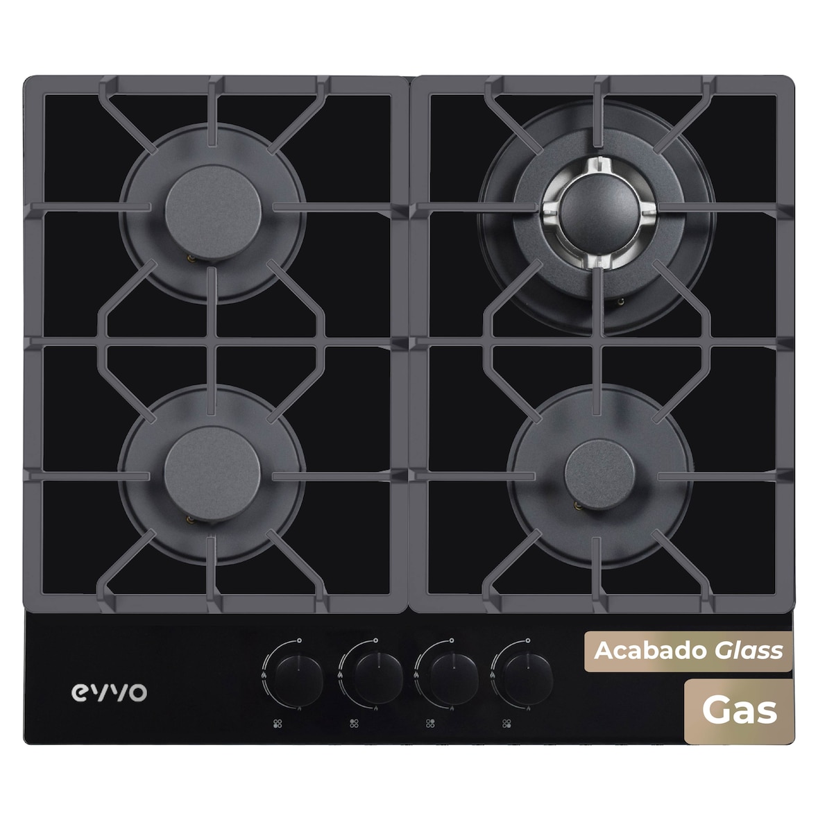Placa de Gas EVVO V70 Glass, 4 quemadores con Wok, Encimera de cristal templado, Gas Natural/Butano