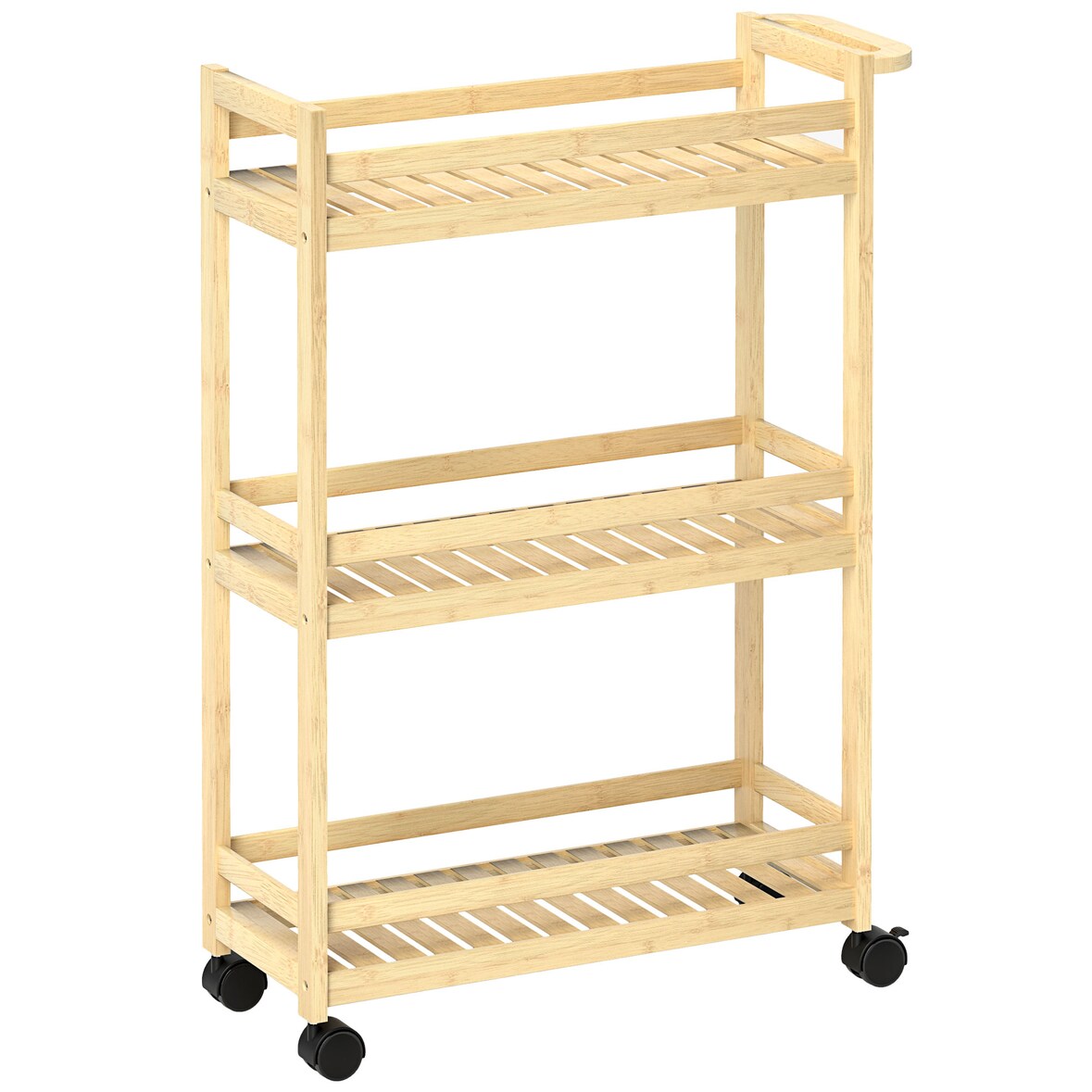 Servierwagen Küchenwagen Bambus Naturholz 55x20x75 cm mit 3 Ablagen Lamellenböden Griff und Rollen mit Bremsen platzsparend