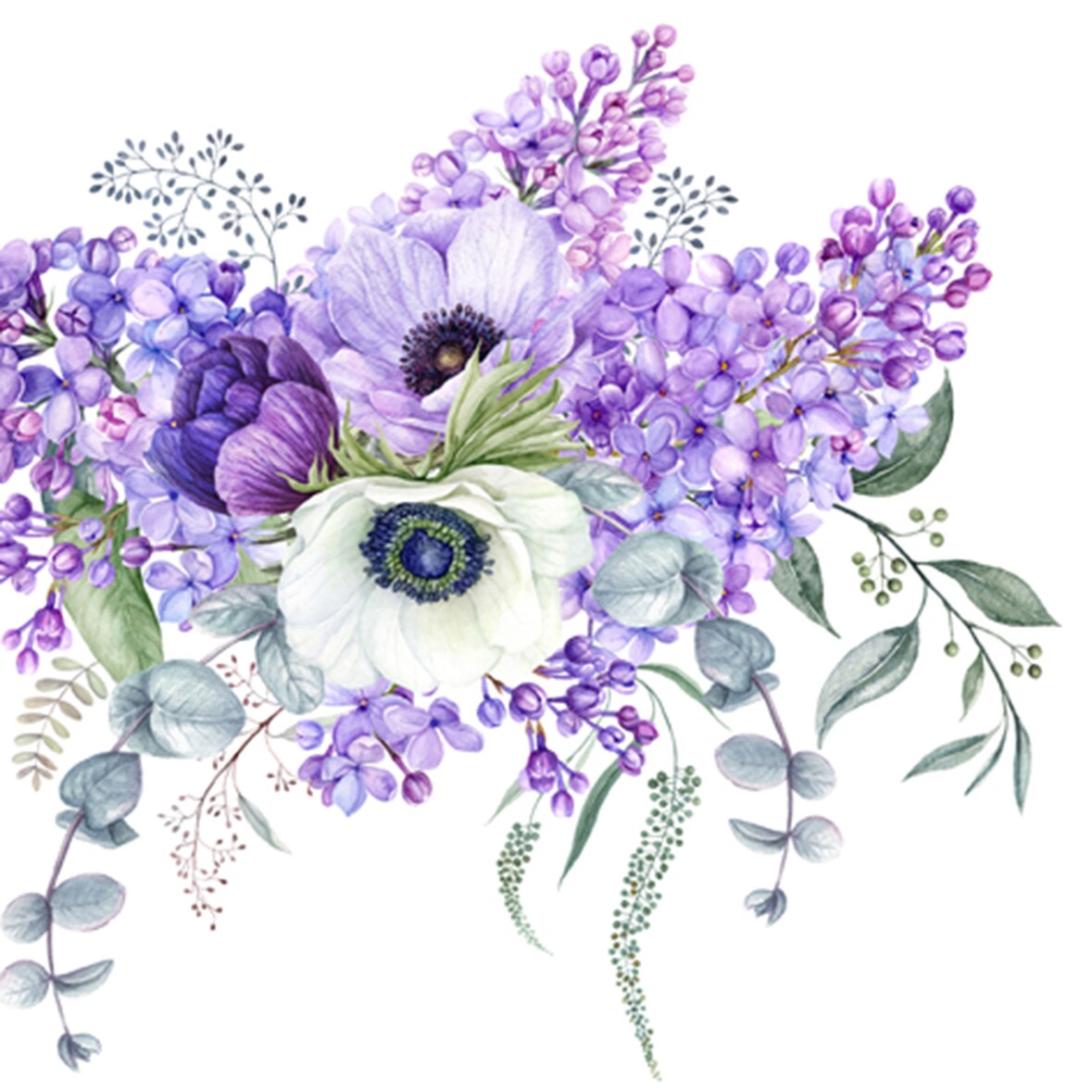 20 Servietten Papier 33x33cm 3-lagig - hochwertige Einweg Papierservietten für Feier Hochzeit Geburtstag Frühlingsdeko Fliederstrauß Lavendel Anemone