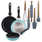 thumbnail of BERGNER - Set aus 3 Pfannen Ø16/20/24cm aus gepresstem Aluminium in matt-blau mit Set 5 Küchenutensilien aus Silikon und Holz