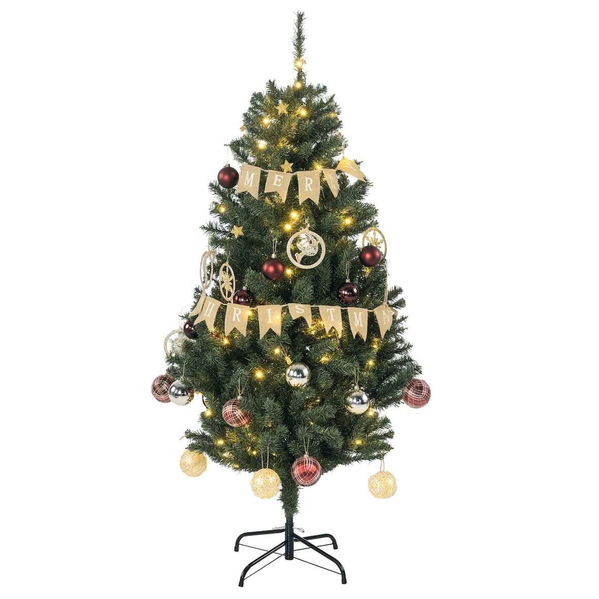 HOMCOM Árvore de Natal Artificial com 100 Luzes LED 472 Ramos e 80 Decorações para Interior Aço Ø91x150 cm Verde