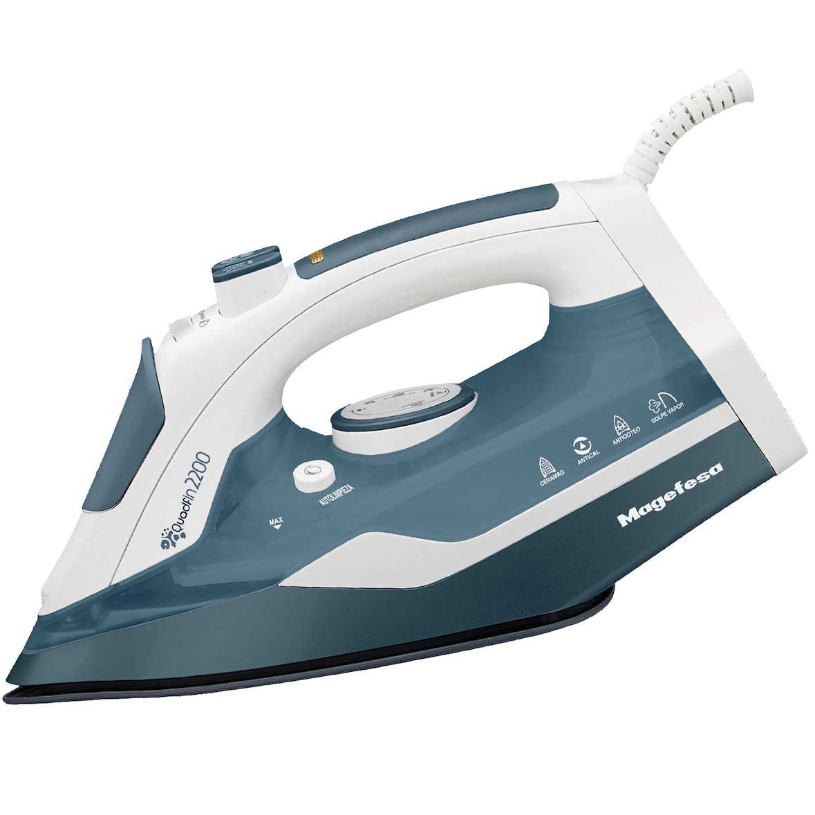 Magefesa Quadfin - Plancha de Suela Cerámica, 2200W, Deposito de 280ml, Sistema de Autolimpieza, Antigoteo y Antical, Planchado en Seco y en Vapor