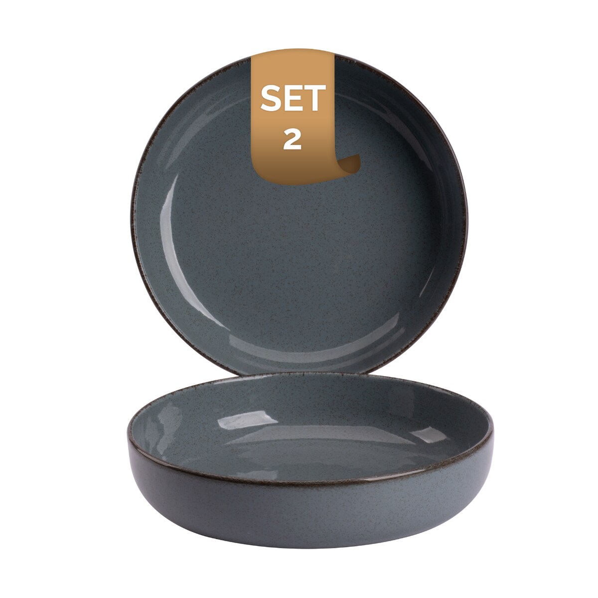 2x Palmer Antigo Teller tief, Ø 19 cm, leichtes Porzellan, für ein 2 Personen Gedeck, spülmaschinenfest, blau grau braun, leicht gesprenkelt