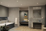 Ein modernes Badezimmer mit angrenzendem Schlafzimmer.