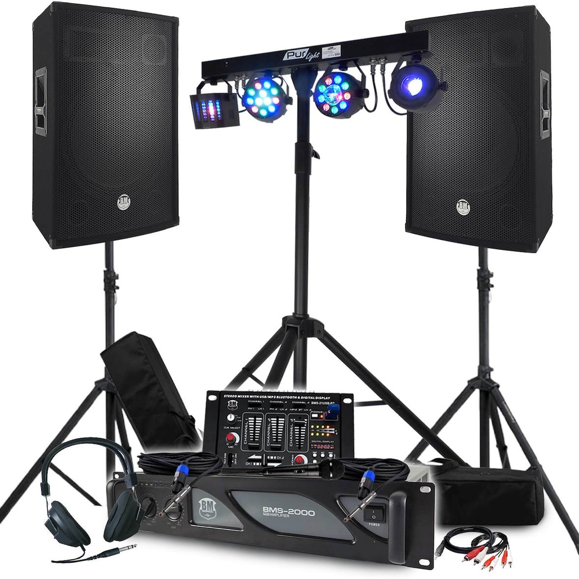 Pack Sono BM SONIC 4400W Amplificateur 2000W, Enceintes 15" avec Pieds, Table de Mixage, Euphoria Portique + 48 effets lumière