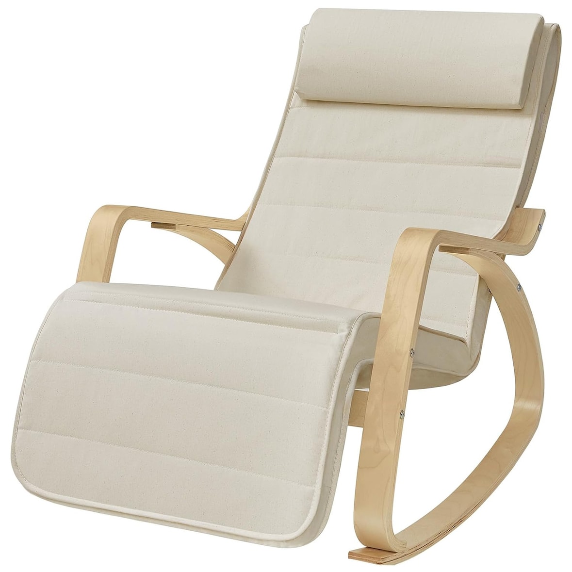 Poltrona A Dondolo Reclinabile In Legno E Metallo Con Poggiapiedi Regolabile 5 Posizioni Per Balcone Giardino Interno Esterno 121.5 x 55 x 84 Cm Beige