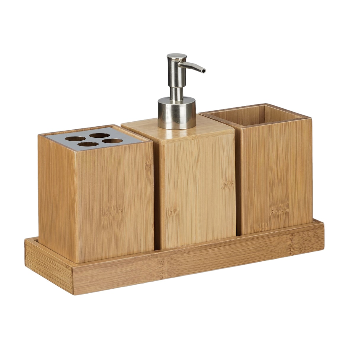 Relaxdays Bad-Accessoires-Set 4-teilig, Bambus, Zahnbürstenhalter, Seifenspender, Seifenablage, Behälter,natur