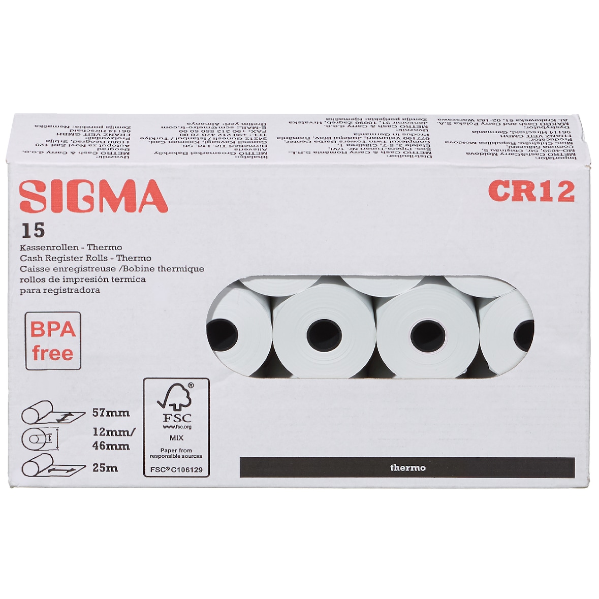 SIGMA Rouleaux de caisses thermiques CR12, 57 mm x 25 m, 15 unités