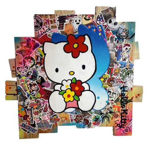 Pop Art Gemälde HELLO KITTY auf Holzpaletten mit der Unterschrift von Vincent STREIFF®