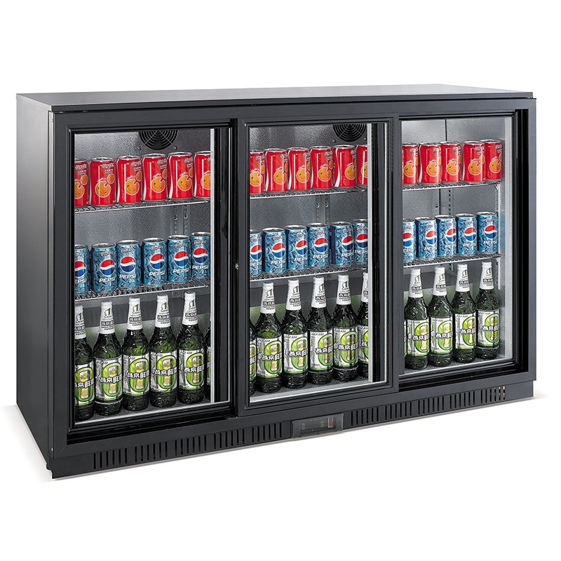 Barkühlschrank TAMANDUA | 3x Glasschiebetür + LED | 320 Liter, HxBxT 85x135x52cm | 0/+10°C | Schwarz | + CHEFGASTRO Geschirrtuch