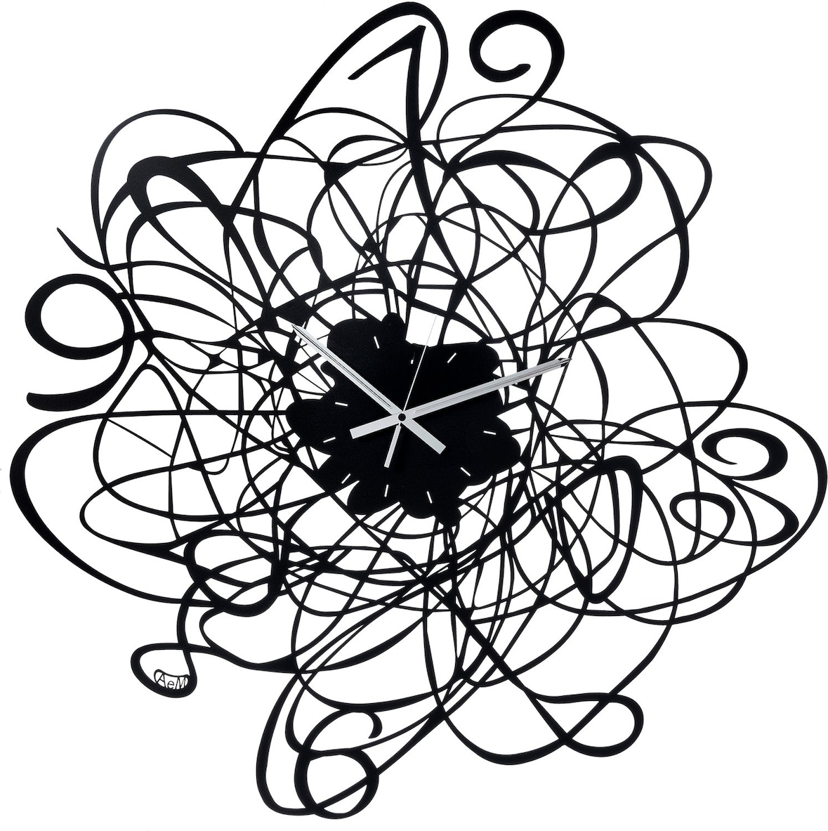 Große Doodle-Wanduhr Ø90 cm aus schwarzem Eisen mit Zahlen und gewebtem Rahmen. Modernes dekoratives Design. Weiße Zeiger. Hergestellt in Italien