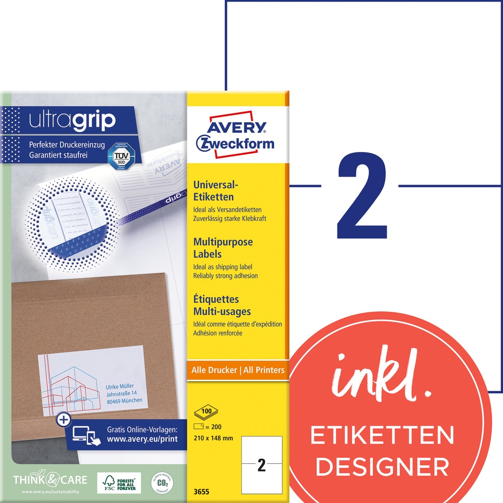 Avery Zweckform 3655 Universal-Etiketten, A4 mit ultragrip, 210 x 148 mm, 100 Bogen/200 Etiketten, weiß