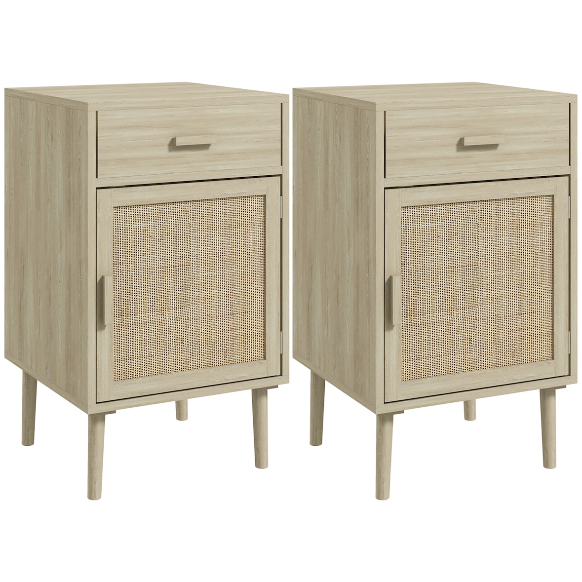Conjunto de 2 Mesas de Cabeceira com Gaveta de Vime e Prateleira Ajustável para Quarto Sala 40x40x68,5 cm Carvalho