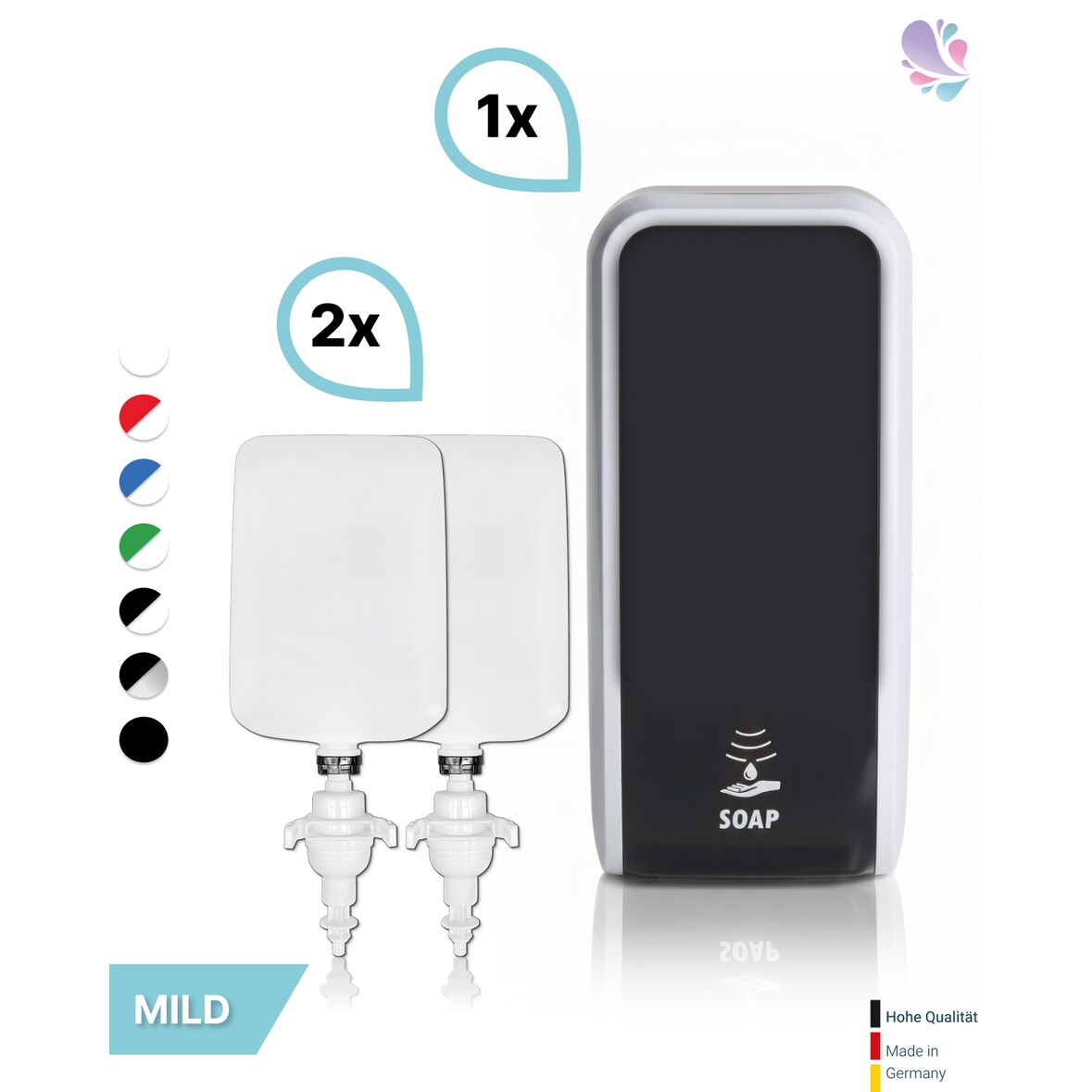 SET: Schaumseifenspender SENSOR, berührungslos Blanc Cosmos versch. Farben+2x 1-Liter Schaumseife mild - PRODUKTSET : Farbe - Silber / Schwarz