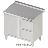 thumbnail of Stalgast Edelstahl Arbeitsschrank mit Flügeltür, 900x700x850 mm, mit 2er Schubladenblock links, mit Aufkantung, verschweißt