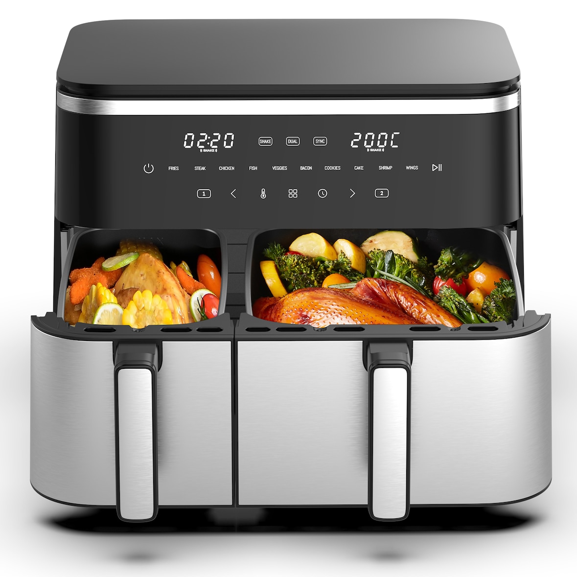 XXL Doppelkammer Heißluftfritteuse (4L + 7L), 2600W Airfryer mit 10 Programmen, Sync Finish & Dual Cook, Digitalem LED-Touchscreen Spülmaschinenfest