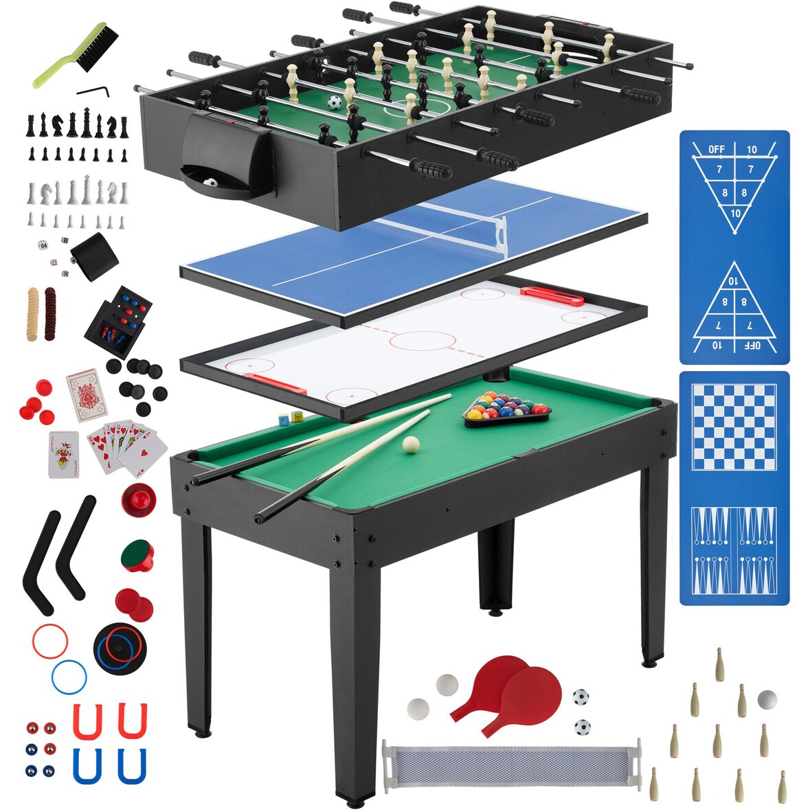 tectake Table de jeu multifonction SirGameALot 15-en-1 avec accessoires  Noir/Vert