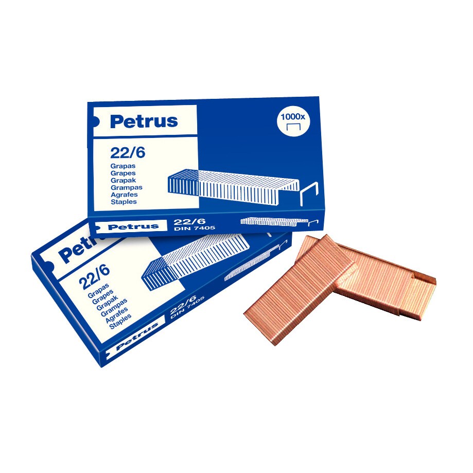 Grapas Petrus 22/6 (x1000) cobreada. Pack de 25