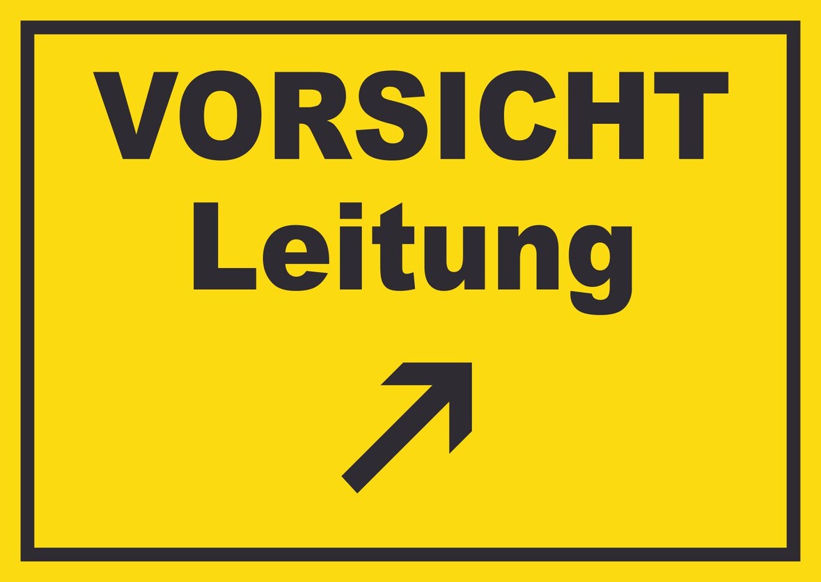 Vorsicht Leitung mit Richtungspfeil rechts oben Schild A5 (148x210mm)