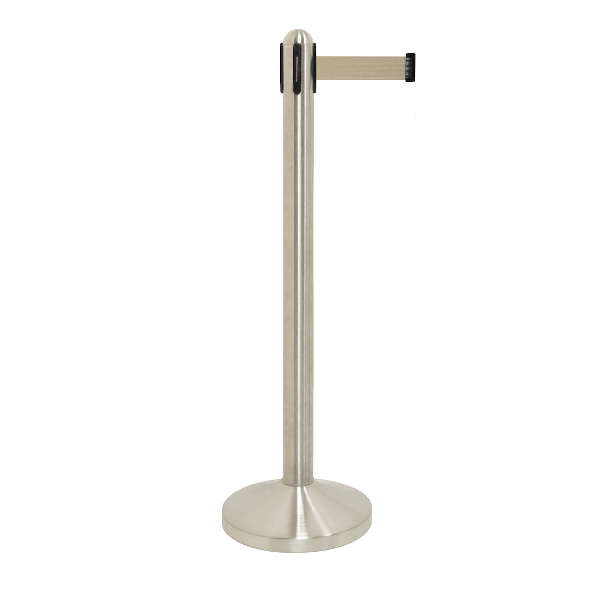 Securit® Poteau d'accueil Rétractable - Chrome - 100cm - Bande nylon 205cm Grise - Ensemble complet pied + socle
