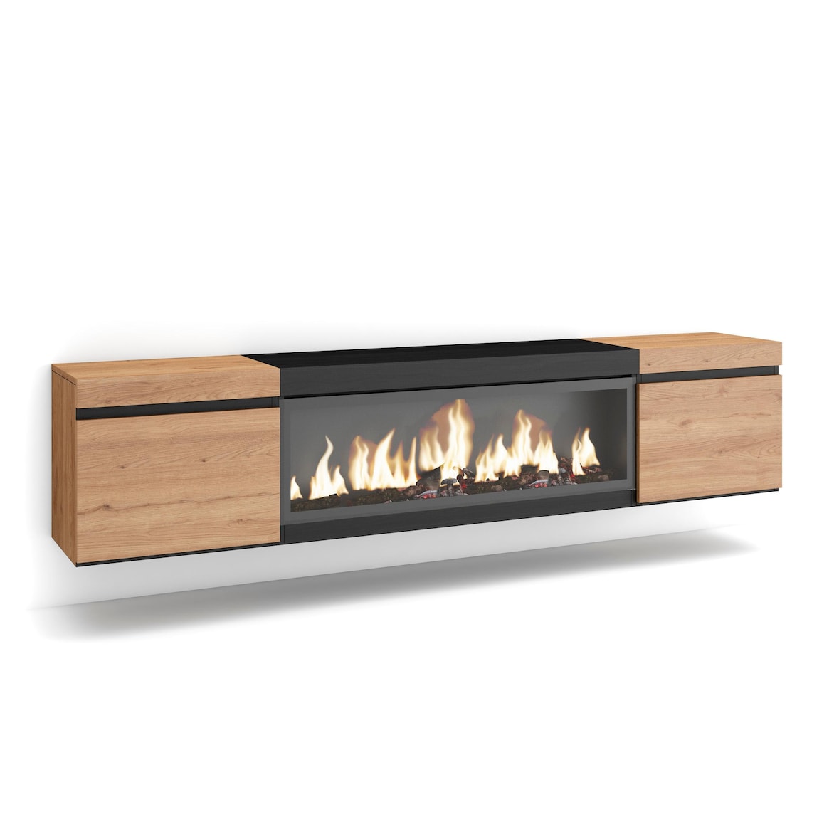 TV-Meubel, Lowboard, Woonkamer, Eetkamer, 208x35x45cm, Voor tv's tot 80", Elektrische haard XXL, Hangend, Moderne stijl, Eiken/Zwart _ 413_23