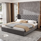 thumbnail of Chesterfield Stil Samt Polsterbett 180x200 mit Hydraulikbettkasten hohem Kopfteil Veloursstoff inklusive Lattenrost Grau