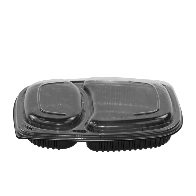 DayBays 320 Stk. Mikrowellen Menüschale Cookipack 2-geteilt 1250 cc 255x190x45 mm PP Schwarz mi transparentem Deckel