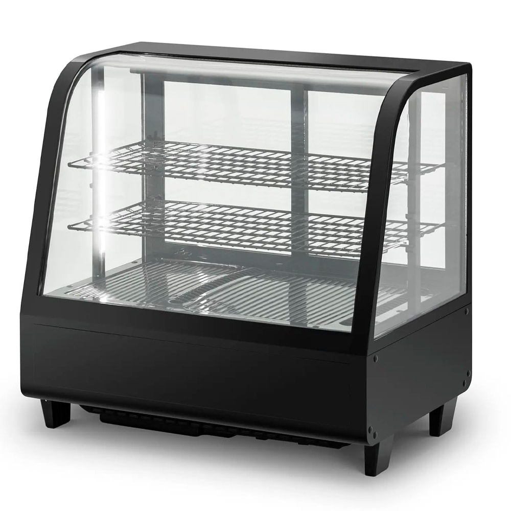 Romux® Vitrina Pastelera Expositora Refrigerada 2 Estantes con 2 Puertas Correderas Negra 100 Litros Ventilada | Vitrina Sobremesa Cristal Curvado