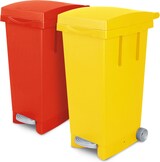 thumbnail of BRB Set, 2X 80 Liter Abfallbehälter mit Rollen, 1x gelb, 1x rot, Fußpedal, selbstschließender Deckel, Klemmring für Müllsäcke