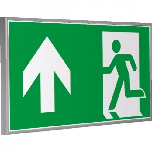 Schild | Rettungszeichen geradeaus, im Rahmen silbermatt, Kunststoff, 300x150mm, ASR A1.3, DIN EN ISO 7010 E001