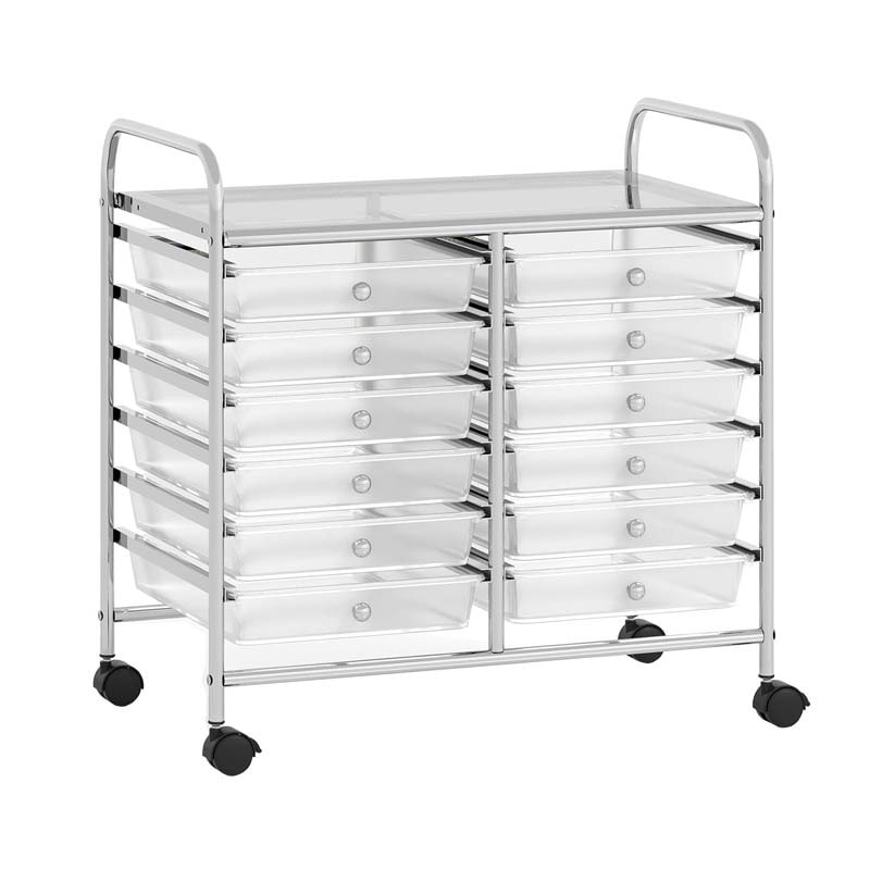 COSTWAY Rollwagen mit 12 stapelbaren Schubladen, Rollcontainer mit Metallrahmen und Ablage, 64 x 38 x 62 cm (transparent)