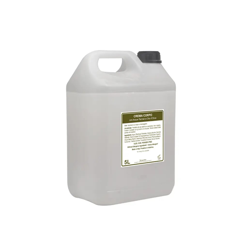 Crema corpo in tanica da 5L con olio d'oliva e acque termali, della linea Beauty-oil, prodotto in Italia e senza allergeni