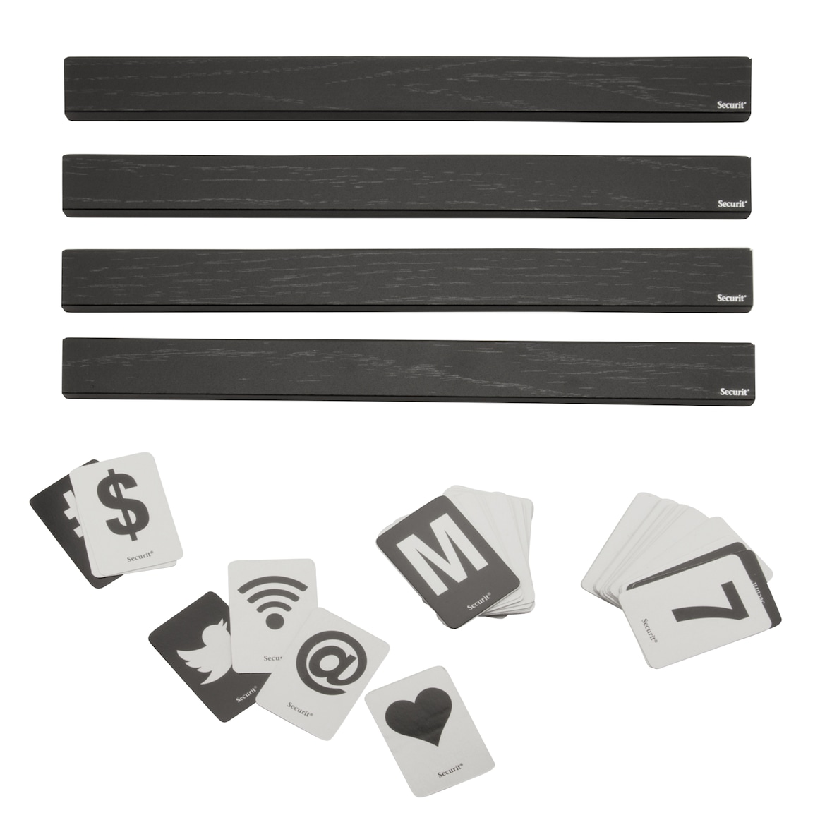Securit® Set mit 4 Regalen – Schwarz lackiertes Holz – 169 Karten mit Buchstaben, Zahlen und Symbolen