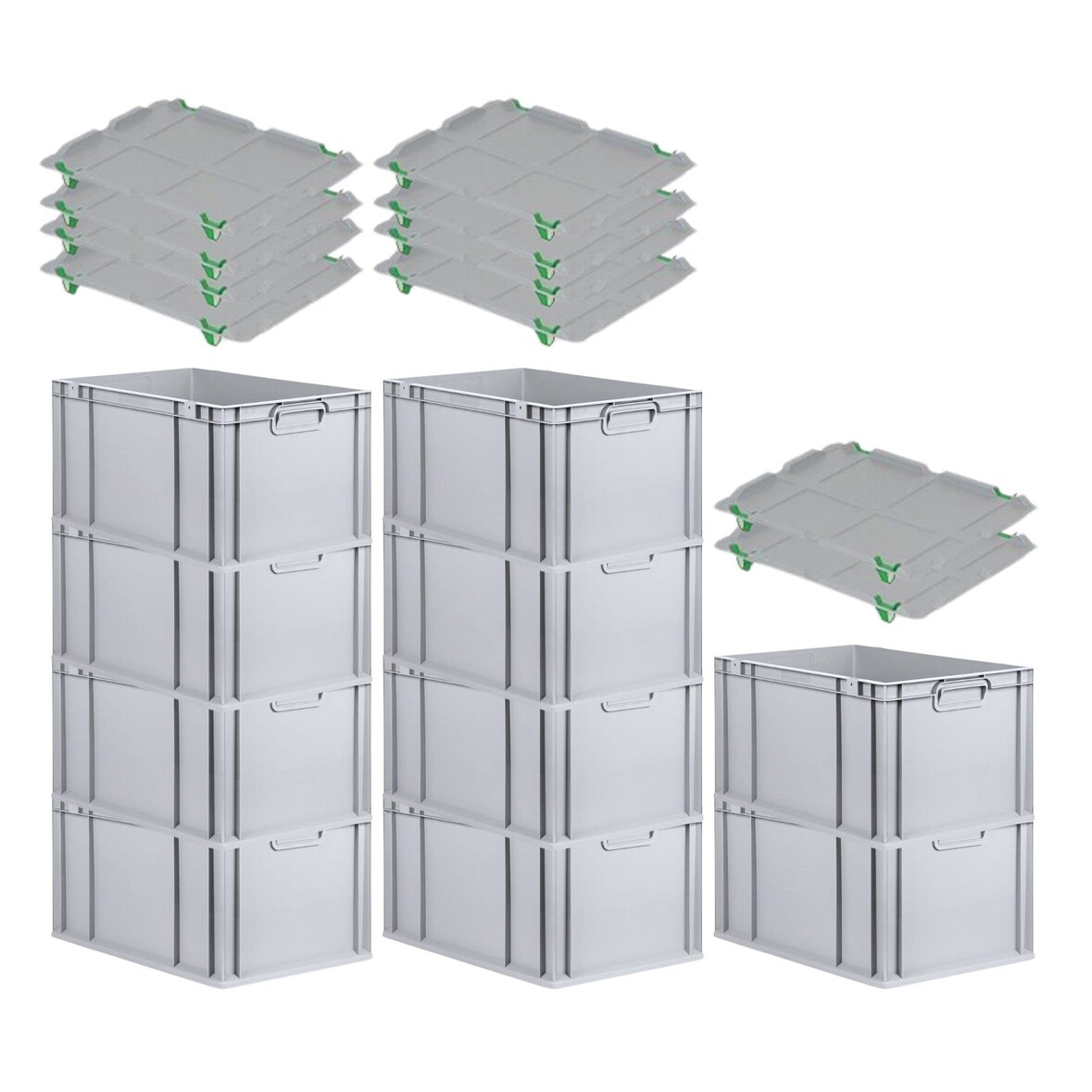 PROREGAL SparSet 10x Eurobox NextGen Economy mit Auflagedeckel & 4x Verschlüsse Grün, Griffe zu, HxBxT 32x40x60cm, 65L, Eurobehälter, Box