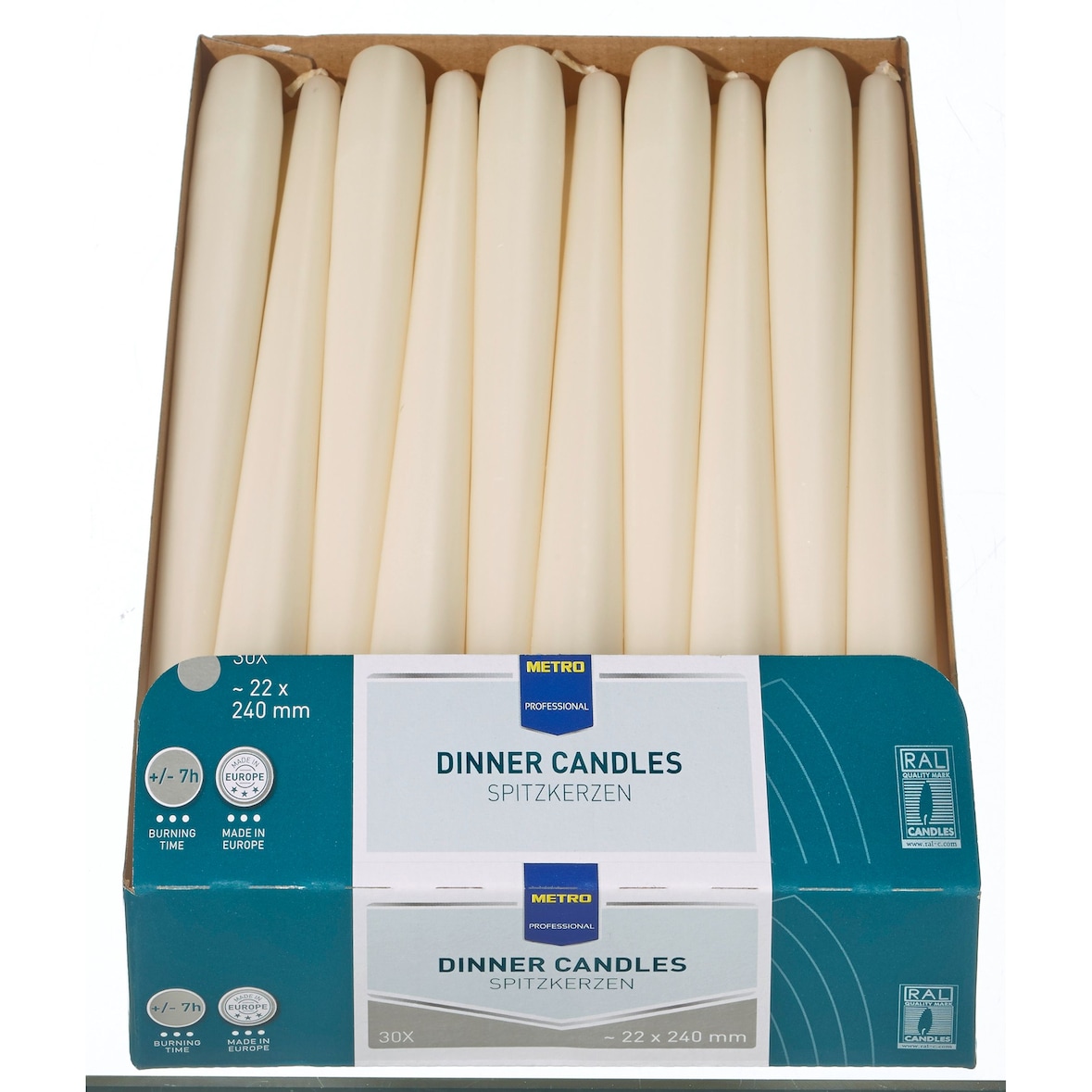 METRO PROFESSIONAL Candele da tavola, paraffina, 2.2 x 24 cm, durata di combustione 7 ore, beige chiaro, 30 unità