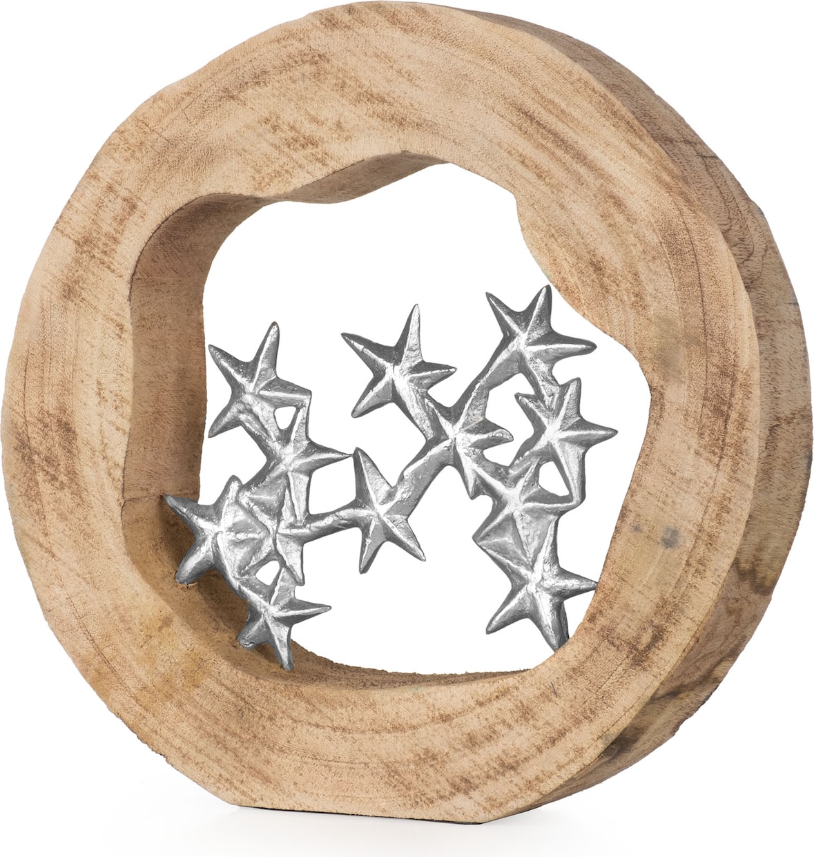 Dekofigur Sternenhimmel aus Mangoholz und Aluminium 27,5 cm Holzfigur mit Sternen im modernen Design Handarbeit Unikat für Kommode oder Fensterbank