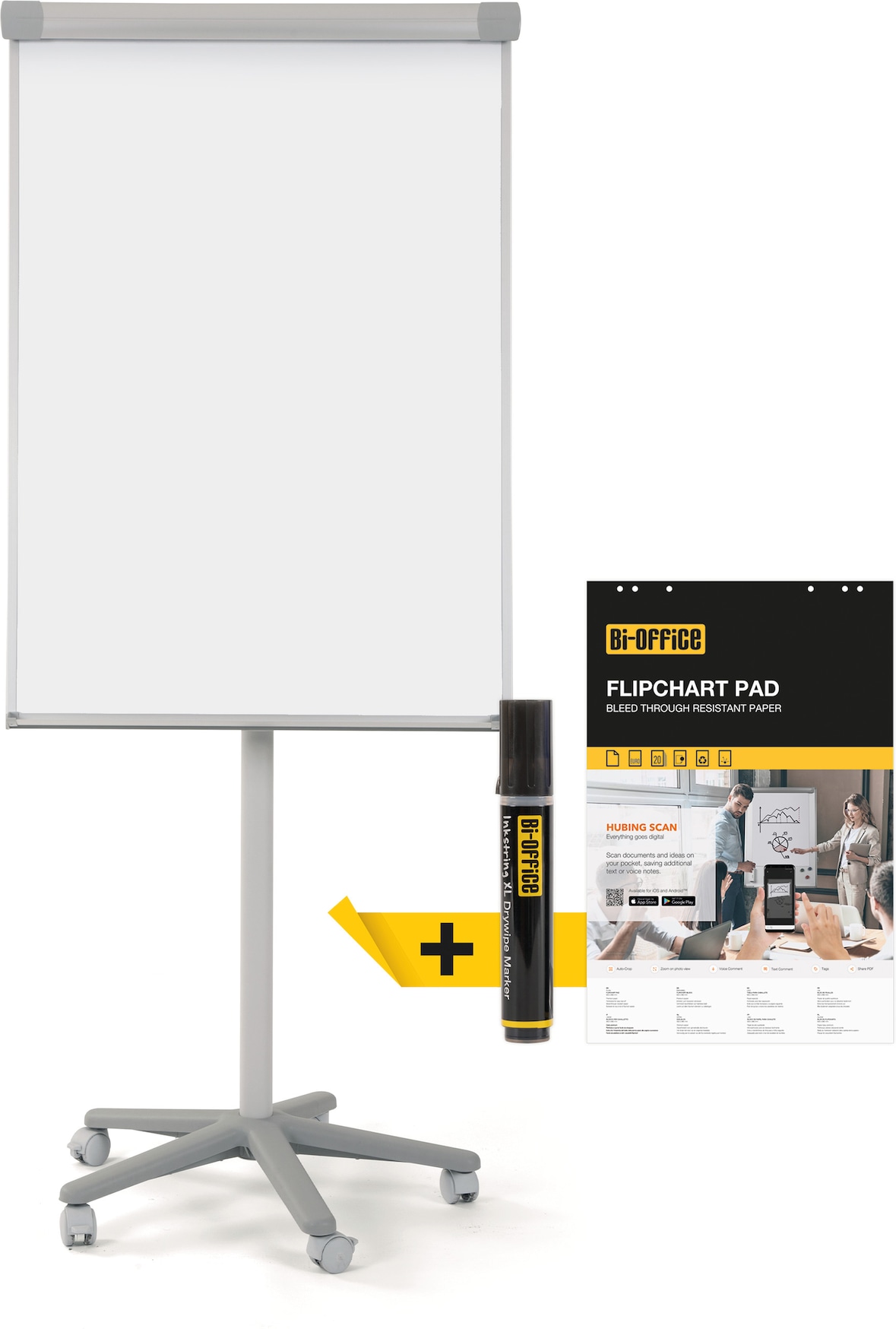 Bi-Office Quadro branco magnético com cavalete móvel, flipchart com rodas, estrutura de alumínio 70 x 100 cm
