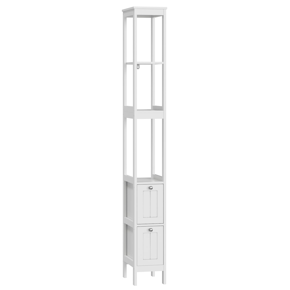 Badezimmerschrank Hochschrank 20x30x160 cm mit 2 Schubladen und 3 offenen Ablagen, schmaler Stauraumschrank für Bad und Haushalt, Weiß