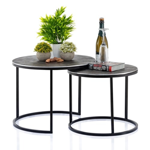 Couchtisch Set 2-teilig ø 55 u. 45 cm Beistelltisch silber Metall Tische rund Wohnzimmer