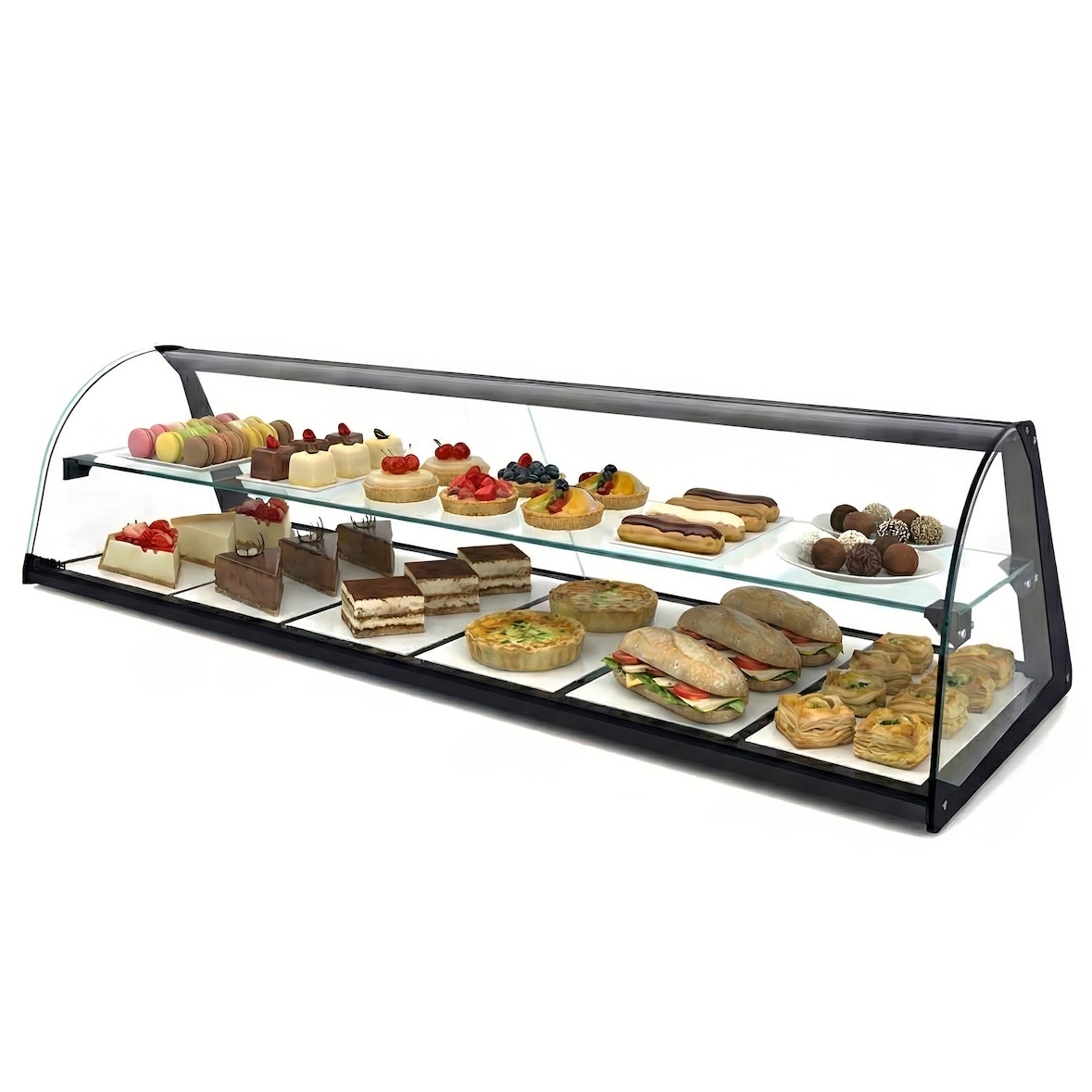 MBH - Neutrale gebogene Doppelvitrine 84 cm, 2 Ebenen, für Gastronomie. Neutrales Glasdisplay für Bars und Restaurants.