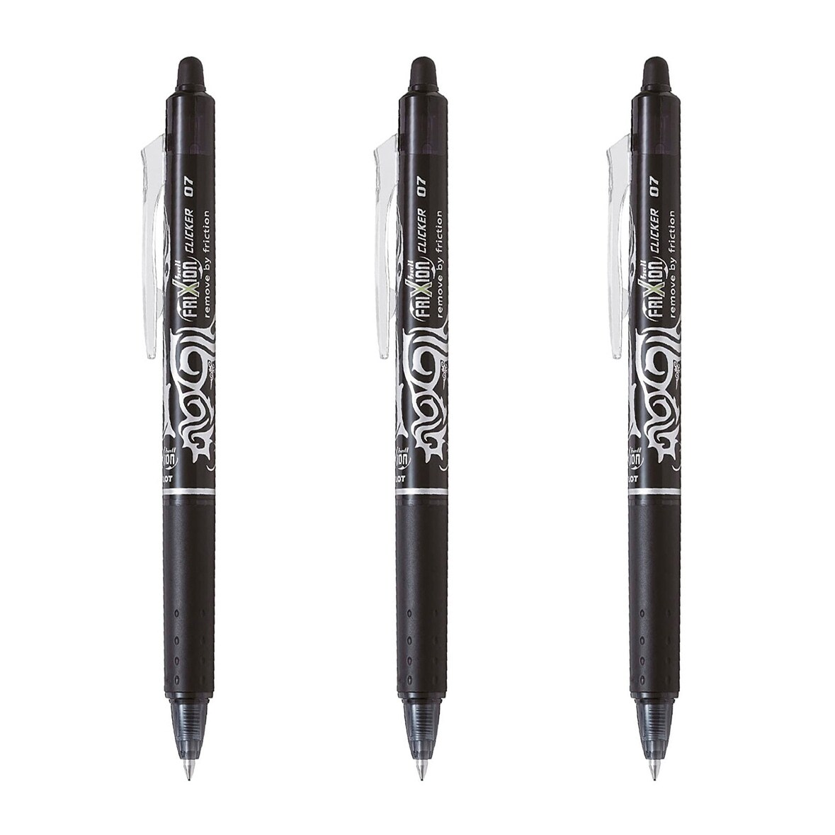 PILOT - Set de 3 Bolígrafos FriXion Ball Clicker Borrables y Recargables 0.7 mm. Negro