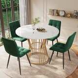 thumbnail of Essgruppe 5 teilig rund 100x100x75 cm mit 4 Samtstühlen Grün Tisch Weiß Marmoroptik MDF Metallgestell Gold modern für Küche und Essbereich