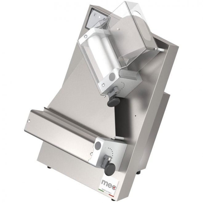 Stendipizza da banco in acciaio inox con pedale 2 rulli di cui uno inclinato per pizza Ø mm 140/310