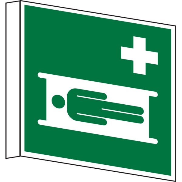 Rettungszeichen, Fahnen-/Nasenschild Krankentrage E013 - ASR A1.3 (DIN EN ISO 7010) - 150x150x1 mm Kunststoff nachleuchtend