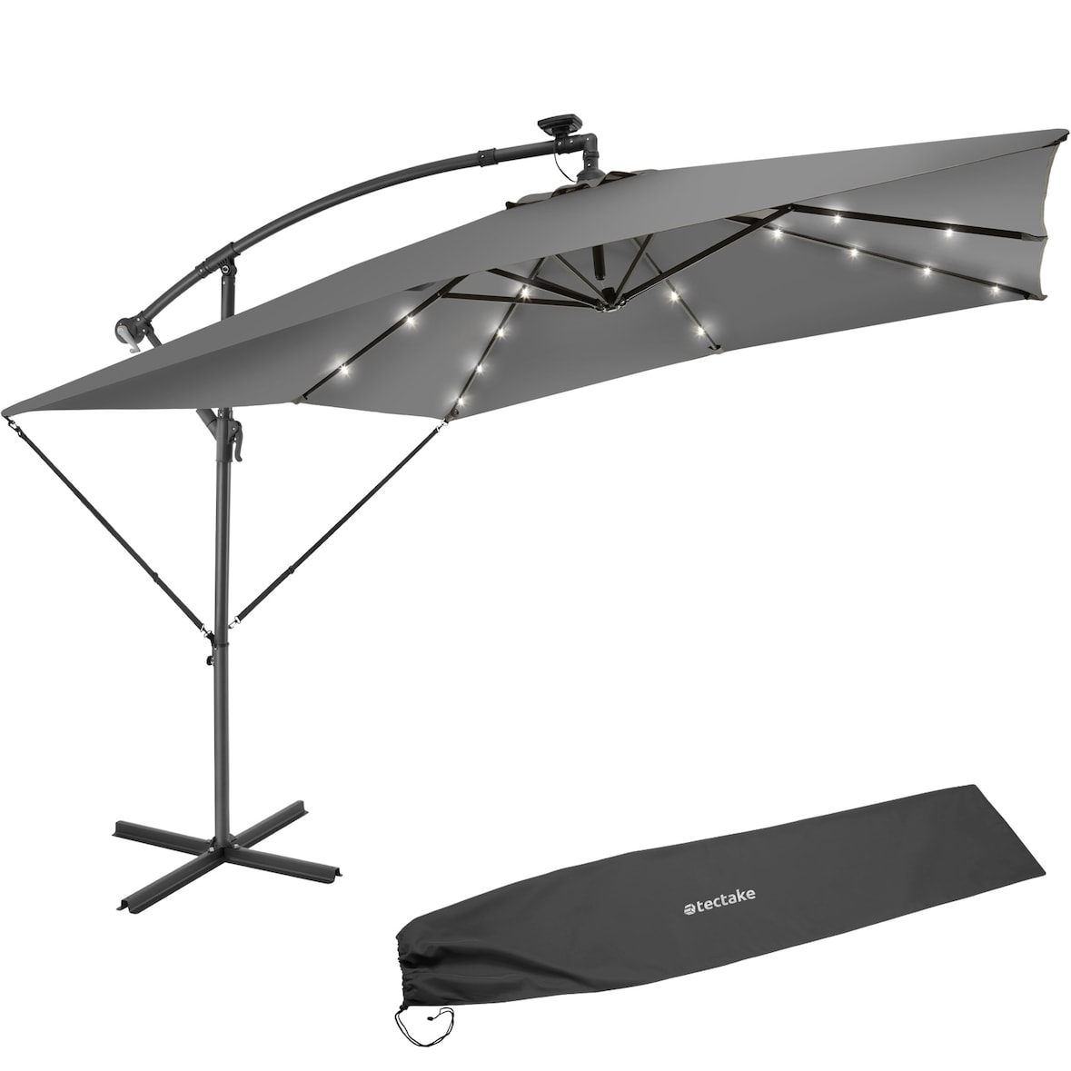 tectake Parasol à LED solaire Sunna avec manivelle 2,5 x 2,5 m - gris clair - 405024