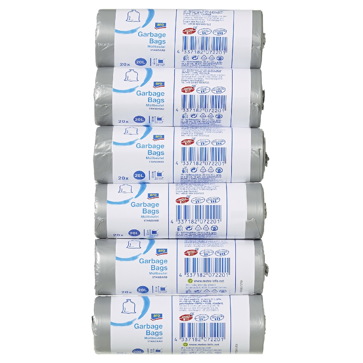 aro Müllbeutel, HDPE / LDPE,  10µm, 45 x 60 cm, 20 L, grau, 6 Rollen x 20 Stück (120 Stück)