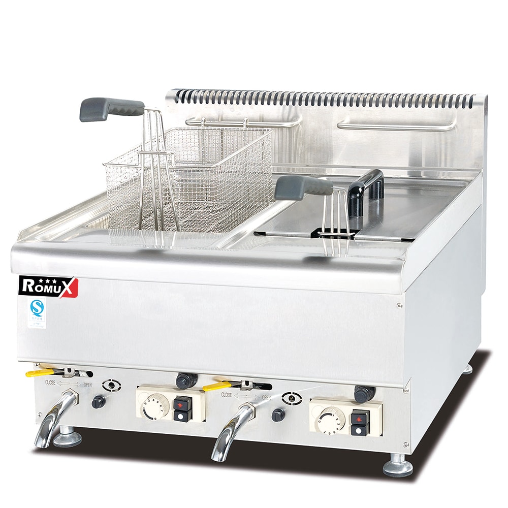 Romux® Friteuse À Gaz Naturel Professionnelle 14+14 Litres Double de Table avec Minisit | Friteuse en Acier Inox avec Robinet de Vidange 12000 W