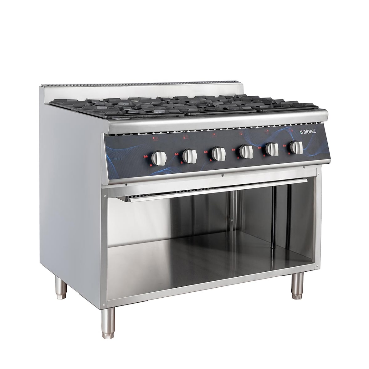 Cocina de gas profesional, 6 fuegos, llama piloto, con base abierta, acero inoxidable AISI 304, 85 x 105 x 70 cm, 43,2 kW EASYLINE 11476 Vaiotec